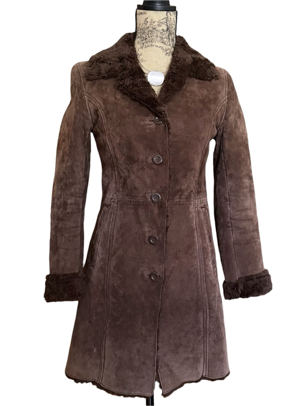Vintage Le Château Brown Suede Leather Shearling Trim Coat Size S